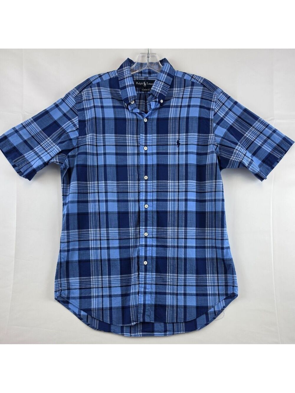 Ralph Lauren Classic Fit Medium Blue Plaid Short Sleeve Button-Down Shirt